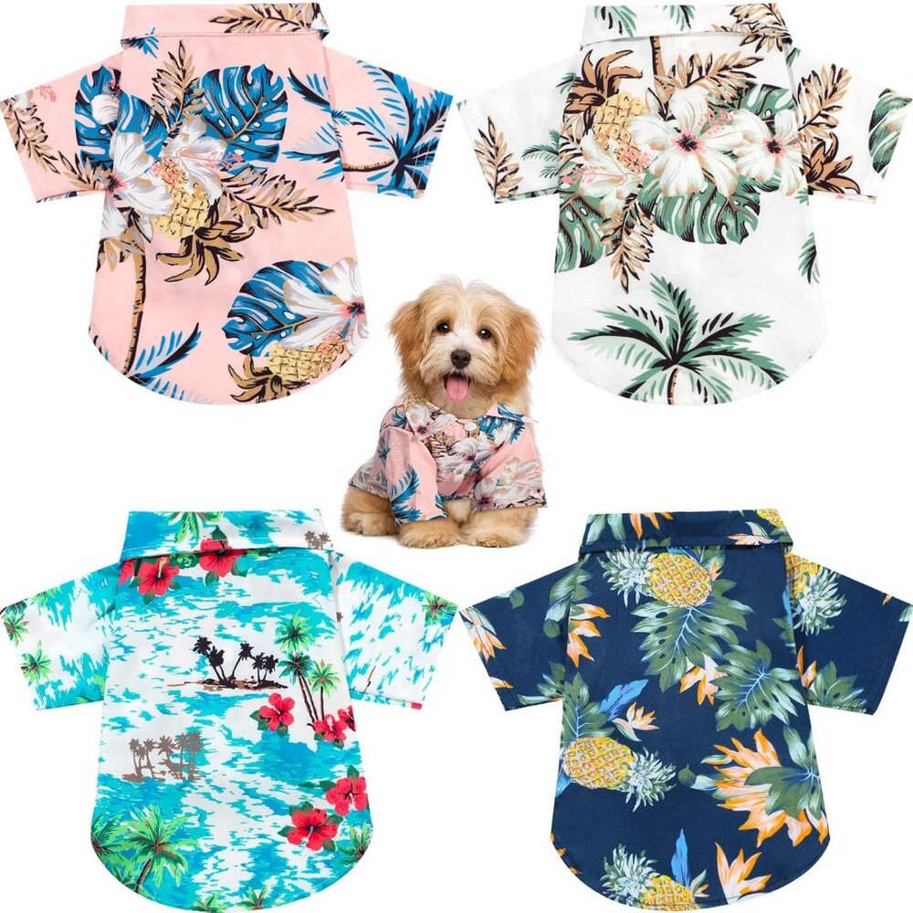 4 Pieces Pet Summer T-Shirts Hawaii Style Floral Pet Dog Shirt Breathable Cool C